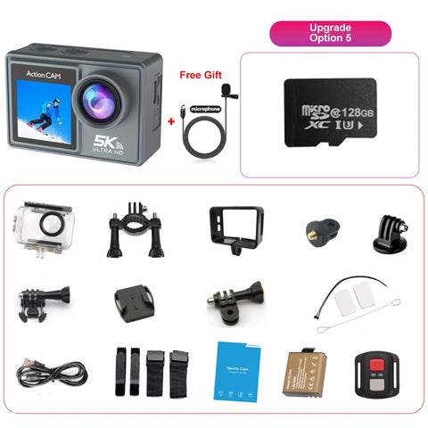 5K Action Camera 4K60FPS Dual IPS Touch LCD DVR EIS 170° 30M Waterproof 5X Zoom Sport Camera With Wireless Mic&Remote Control