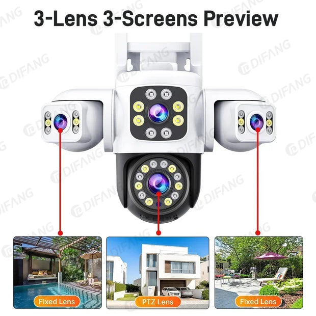 6K WiFi Camera Outdoor Three Lens Three Screen 4X Zoom CCTV Auto Track Security Surveillance Alarm 12MP External IP Cam Yoosee