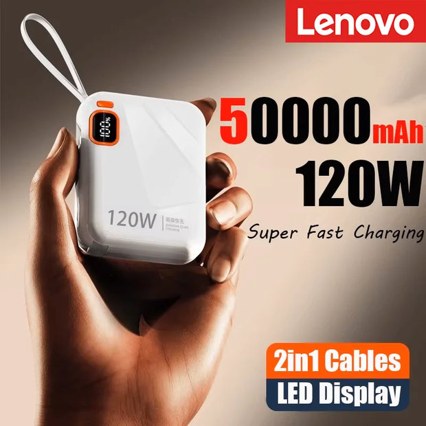 Lenovo 120W Fast Charging 50000mAh Large Capacity Portable Power Bank Cable Two-way Mini Powerbank for iPhone Samsung Huawei