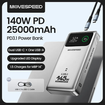 MOVESPEED M25Pro 140W Power Bank 25000mAh Type C Fast Charge Portable External Battery 100W PowerBank for iPhone MacBook Laptop