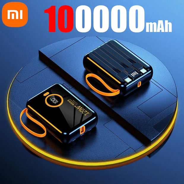 Xiaomi 120W Fast Charging Power Bank 100000mAh Powerbank 3 in 1Built-in Cable External Battery for iPhone Huawei Xiaomi 2024New