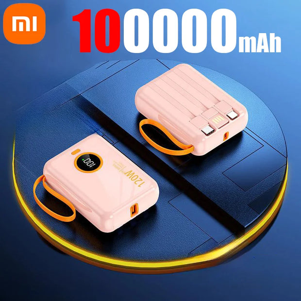 Xiaomi 120W Fast Charging Power Bank 100000mAh Powerbank 3 in 1Built-in Cable External Battery for iPhone Huawei Xiaomi 2024New