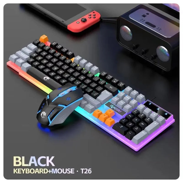 RAIKU T26 Wired 104 Keys Membrane Keyboard And Mouse Suit Kinds of Colorful Lighting Gaming and Office For Windows and IOS