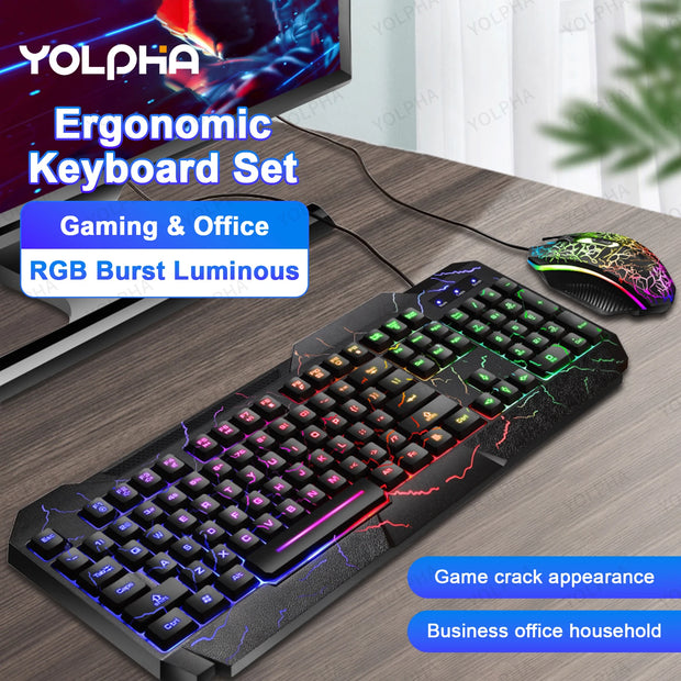 Crack Rainbow Glow Gaming Keyboard& Mouse Set with Backlight Luminous Gaming Peripheral Ergonomic Mechanical Feel Keyboard Mouse