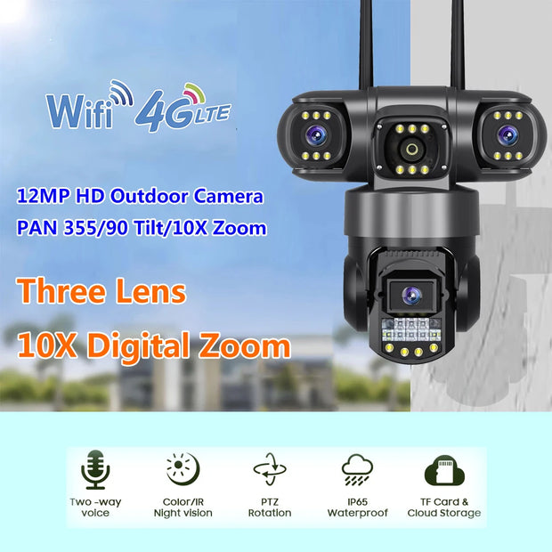 3 Lens Video Surveillance Camera Wifi Network CCTV Camera 4G SIM Card Wireless 360 Monitor Outdoor Waterproof Security Cameras