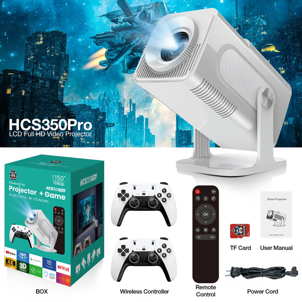 Salange HCS350Pro Proyector Video Game Console Include 2 Wireless Game Controllers Support 4K 1080P Android11 Portable Projector