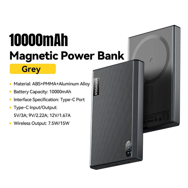 Essager Thin Magnetic Power Bank 20W 10000mAh LED Portable Wireless Fast Charging External Battery For iPhone 16 15 for Magsafe