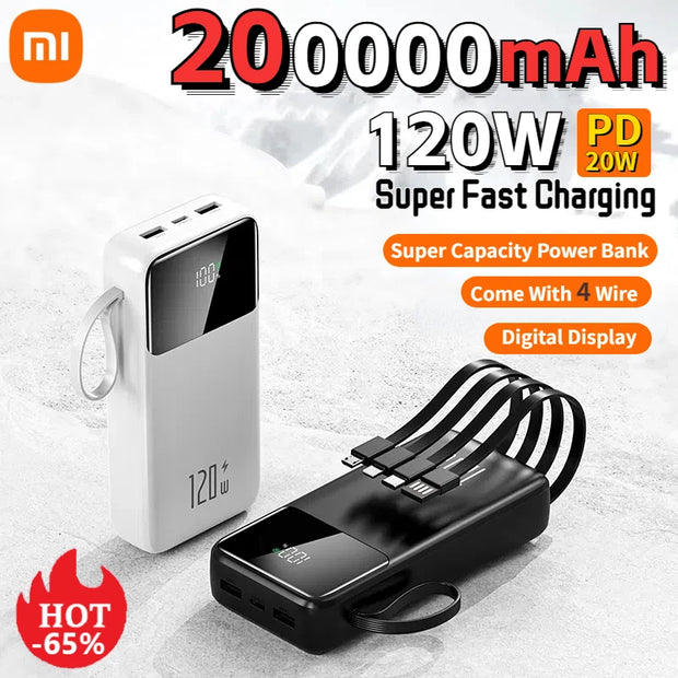 Xiaomi Hot 200000mAh 120W Power Bank Super Fast Charging Powerbank Portable Mobile Power With 4 Wire for iPhone Samsung HUAWEI