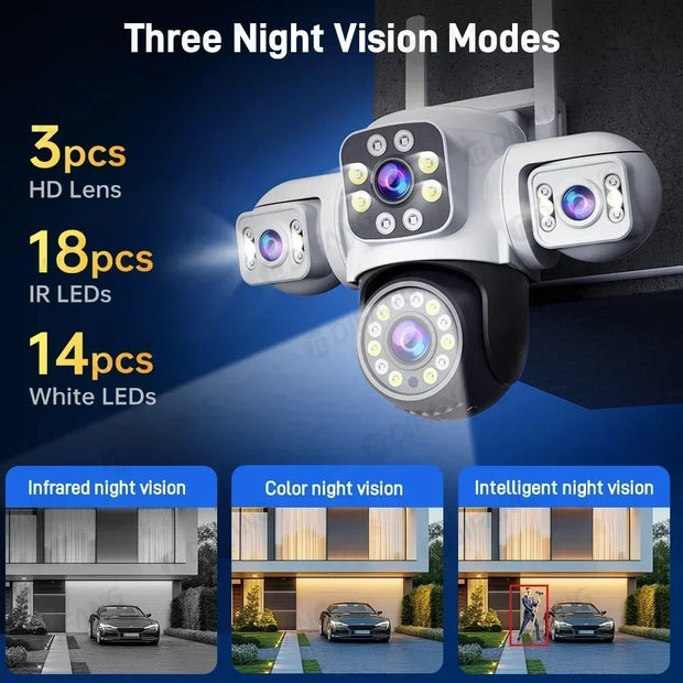 6K WiFi Camera Outdoor Three Lens Three Screen 4X Zoom CCTV Auto Track Security Surveillance Alarm 12MP External IP Cam Yoosee